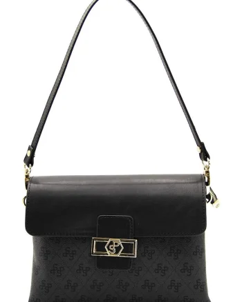 Geanta de piele ecologica cu bareta de umar si model, Negru, Negru/Gri inchis, 17x25x10