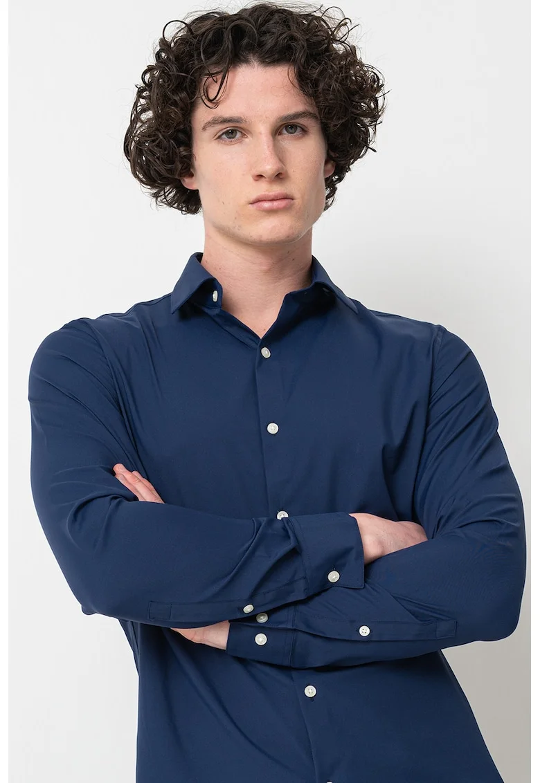 Camasa slim fit cu mansete cu nasturi, Bleumarin