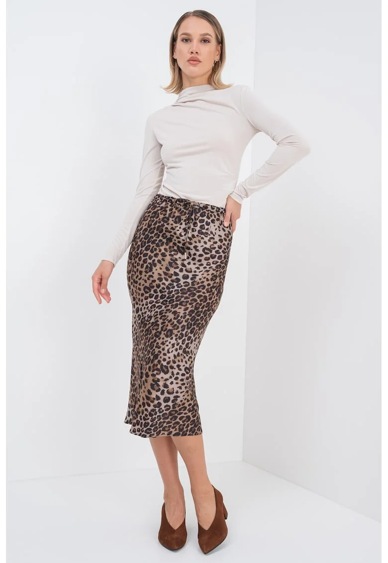 Fusta midi cu animal print si talie inalta, Maro inchis/Maro nisip