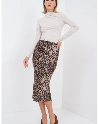 Fusta midi cu animal print si talie inalta, Maro inchis/Maro nisip