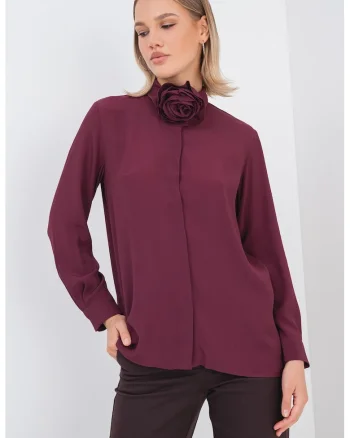 Camasa din amestec de matase cu detaliu floral, Violet tyrian