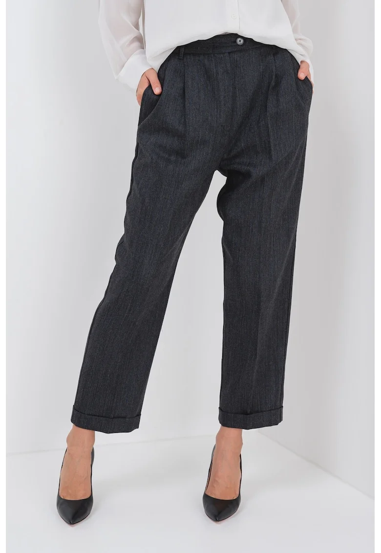 Pantaloni drepti crop de lana cu talie inalta, Gri inchis melange