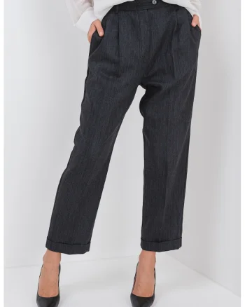 Pantaloni drepti crop de lana cu talie inalta, Gri inchis melange