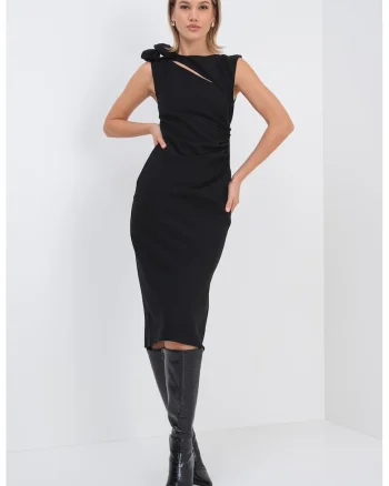 Rochie midi dreapta din amestec de lana cu decupaj, Negru
