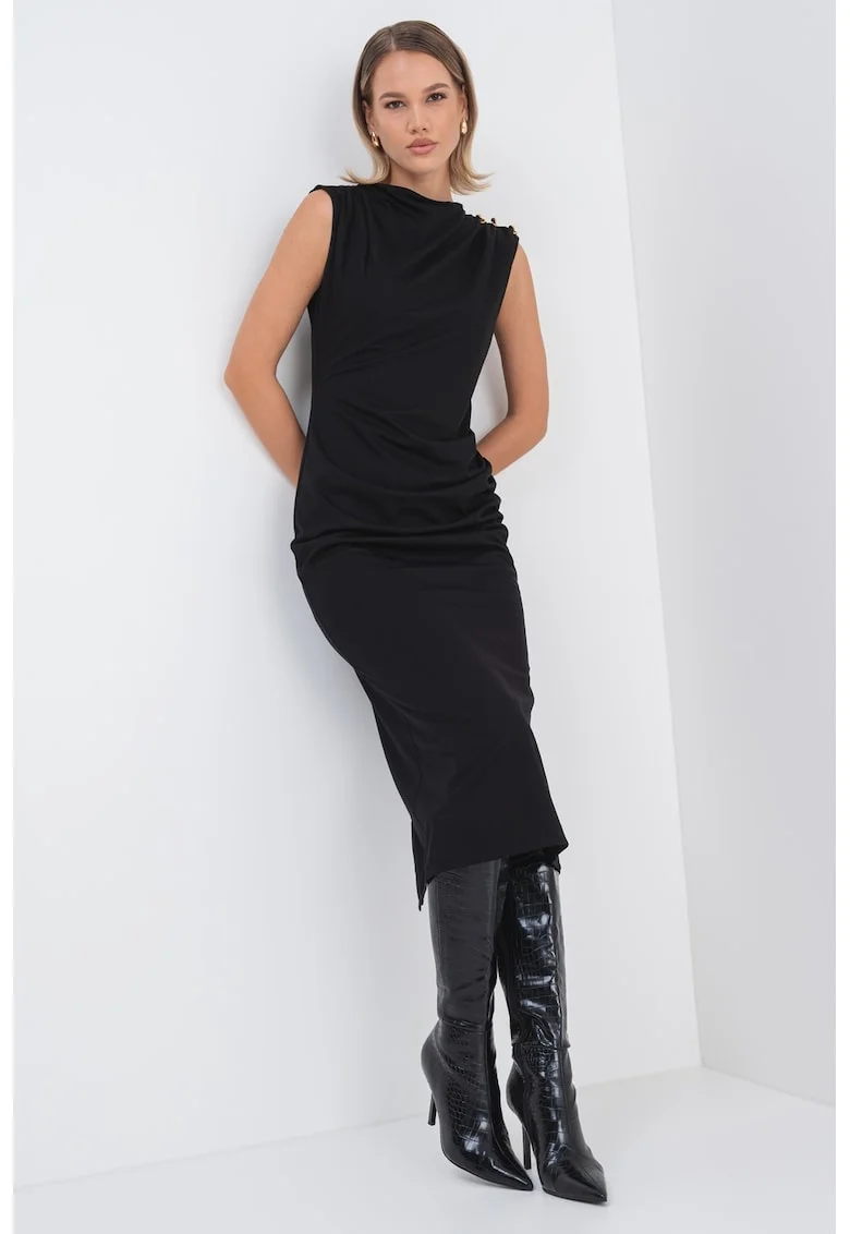 Rochie midi cu fronseuri si detalii metalice, Auriu/Negru