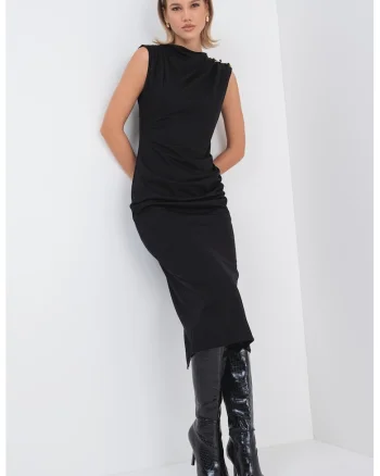 Rochie midi cu fronseuri si detalii metalice, Auriu/Negru