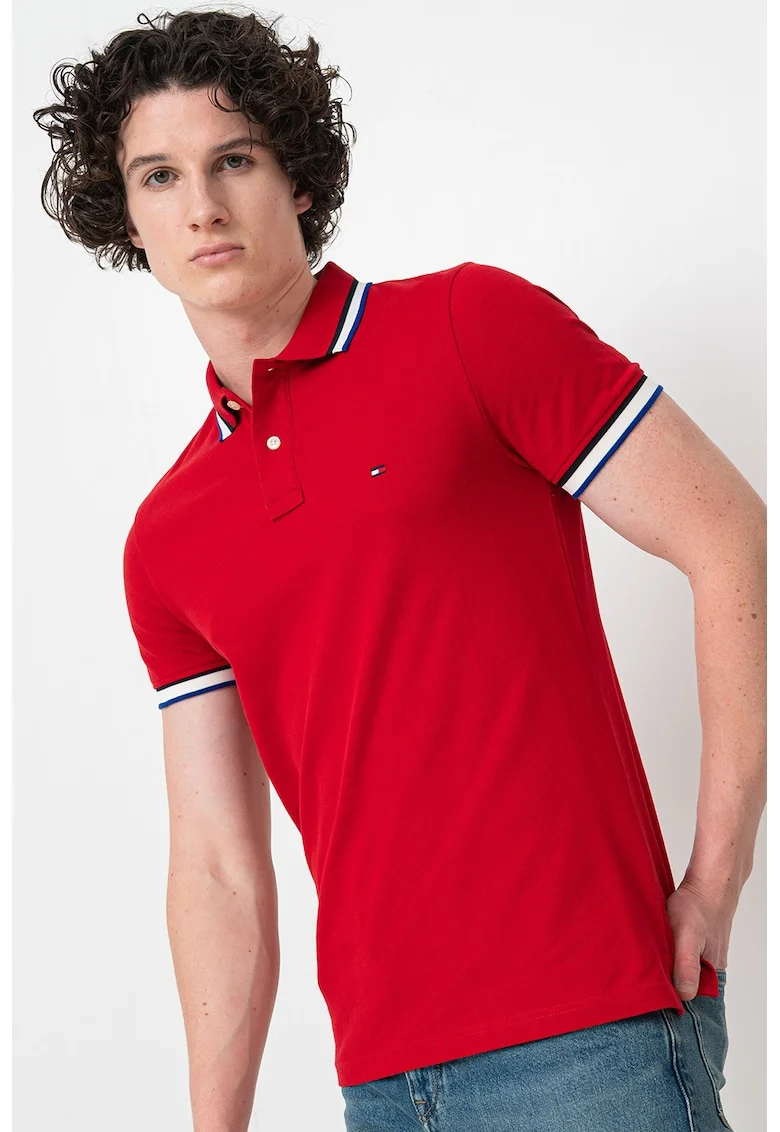Tricou polo slim fit Cuff Interest, Rosu/Alb/Albastru