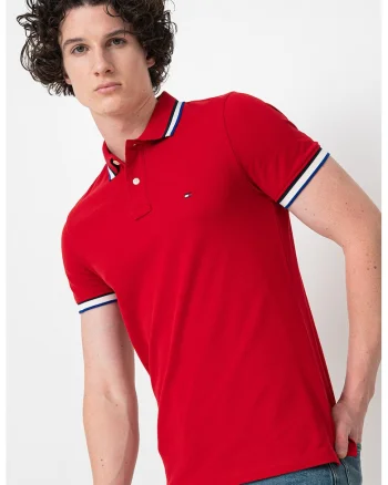 Tricou polo slim fit Cuff Interest, Rosu/Alb/Albastru