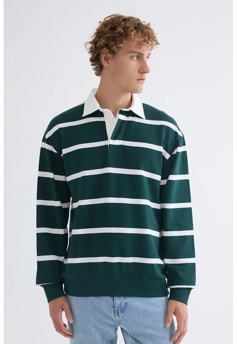Bluza polo cu dungi, Alb/Verde inchis