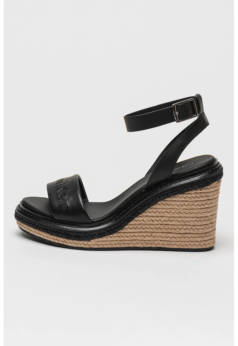 Sandale din piele cu talpa wedge si catarama, Negru
