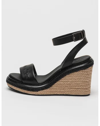 Sandale din piele cu talpa wedge si catarama, Negru