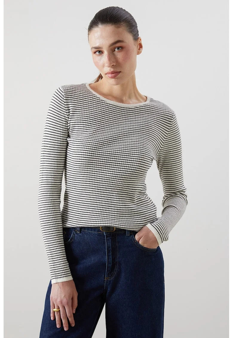 Pulover slim fit cu dungi, Alb fildes/Negru