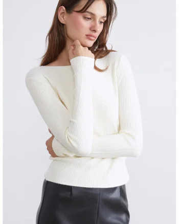 Pulover striat slim fit cu decolteu rotund, Alb fildes
