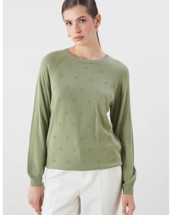 Pulover cu broderie florala si maneci raglan, Verde sparanghel