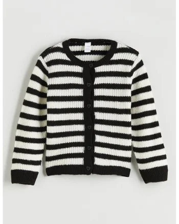 Cardigan cu nasturi si dungi, Alb/Negru