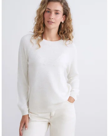 Pulover cu broderie florala si maneci raglan, Alb fildes