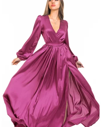 Rochie maxi evazata cu slit si model petrecut, Roz zmeuriu