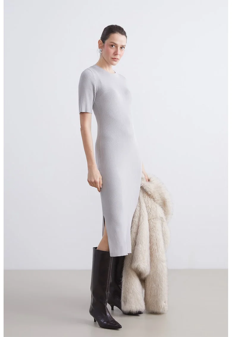 Rochie midi striata cu maneci scurte si slituri laterale, Gri inchis