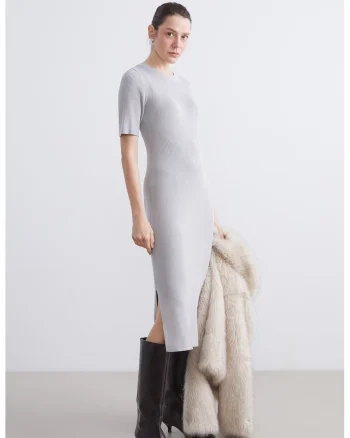 Rochie midi striata cu maneci scurte si slituri laterale, Gri inchis