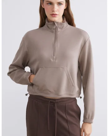 Bluza de trening crop din amestec de modal cu terminatie ajustabila, Maro taupe deschis