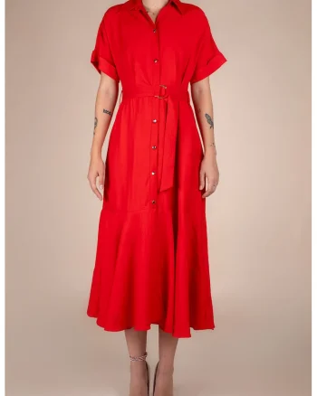 Rochie-camasa midi cu volane si cordon in talie