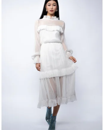 Rochie midi din voal de matase peliculizata cu volane delicate