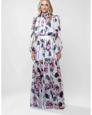 Rochie lunga cu guler inalt si imprimeu floral pictural