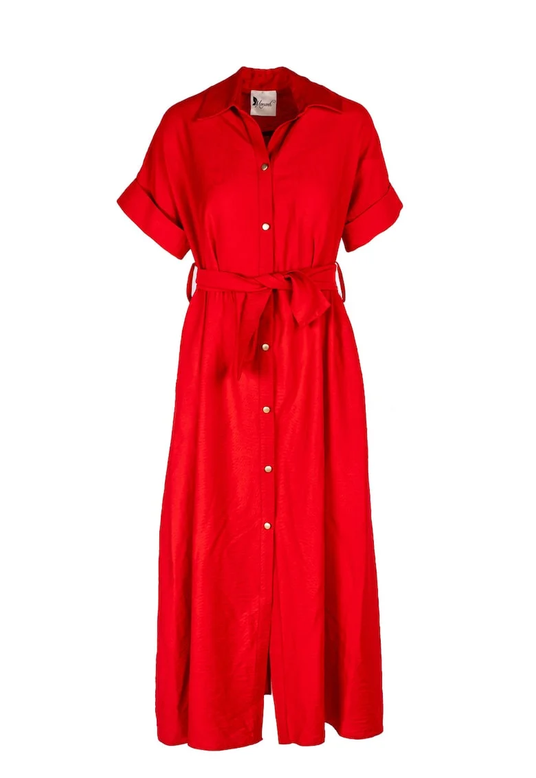 Rochie camasa midi cu buzunare si cordon, Rosu