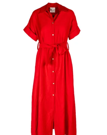 Rochie camasa midi cu buzunare si cordon, Rosu