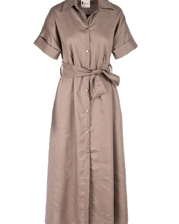 Rochie camasa midi cu buzunare si cordon, Maro