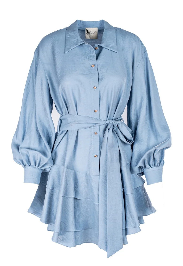 Rochie scurta cu volane din in, Albastru