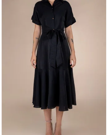 Rochie-camasa midi cu volane si cordon in talie