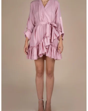 Rochie petrecuta cu mansete late si volan Pink