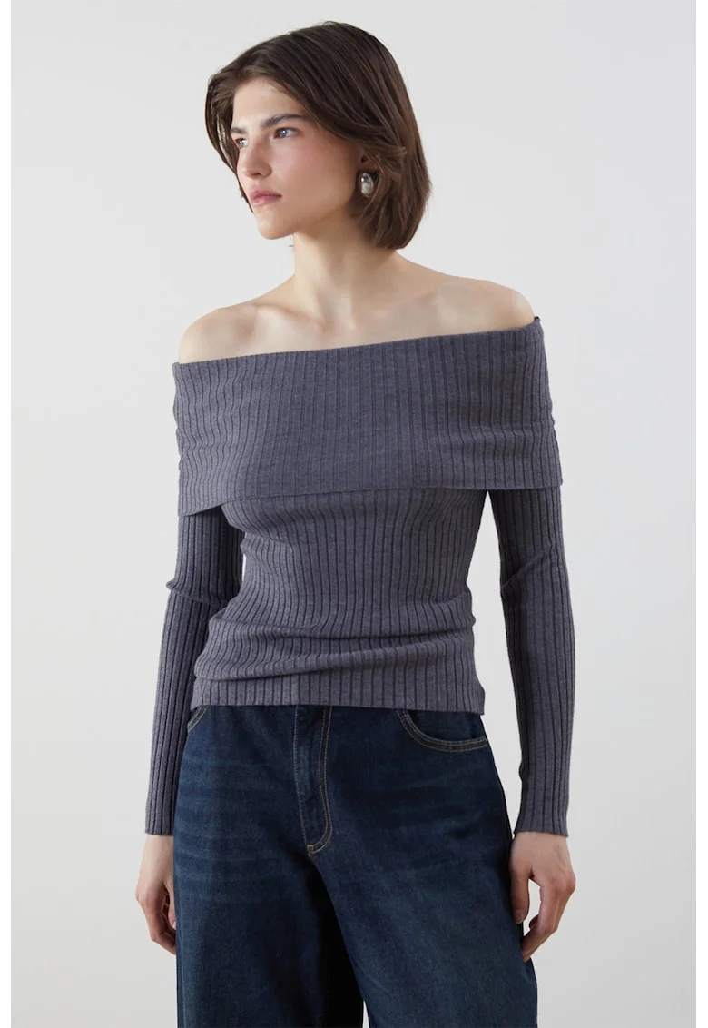 Bluza striata cu decolteu pe umeri, Gri antracit
