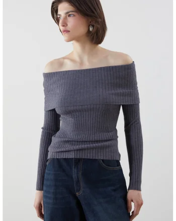 Bluza striata cu decolteu pe umeri, Gri antracit