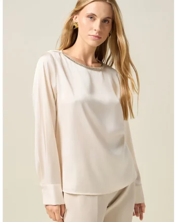 Bluza din satin cu decolteu barcuta, Bej deschis