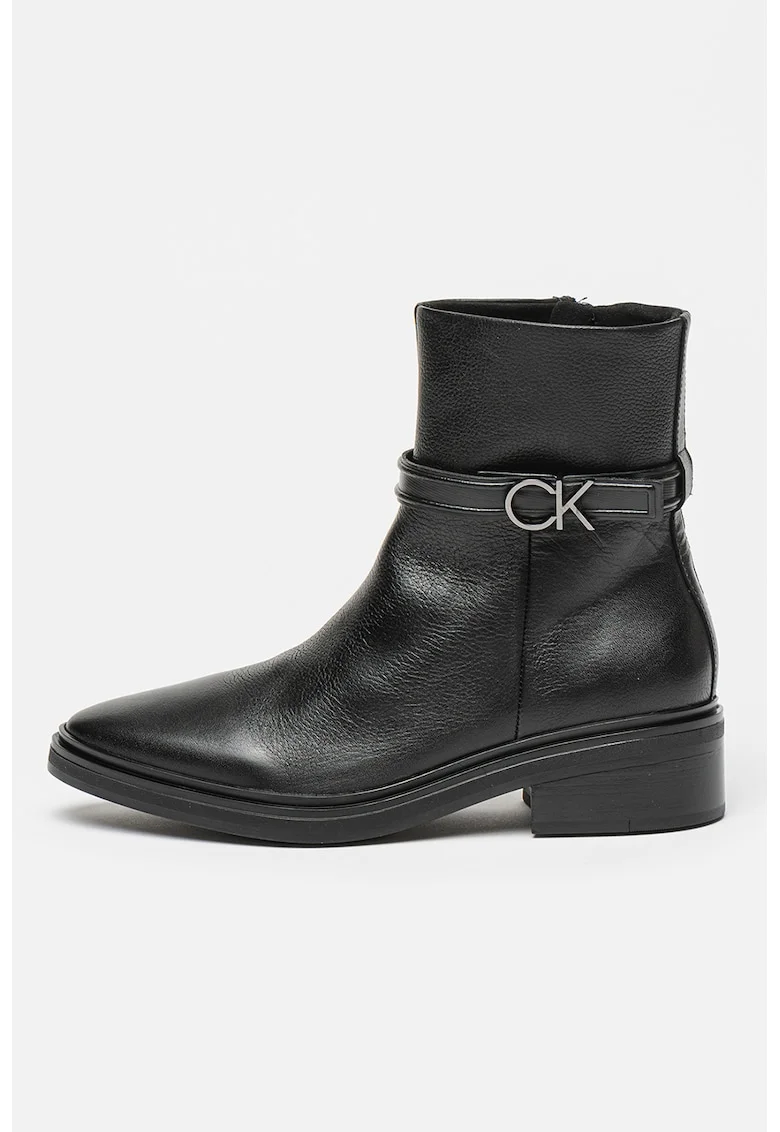 Botine de piele cu varf migdalat, Negru
