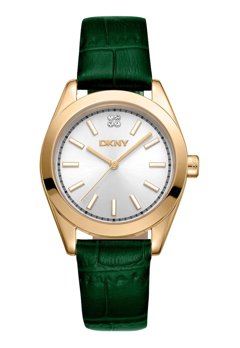 Ceas quartz cu o curea din piele cu aspect de piele de crocodil, Verde/Auriu