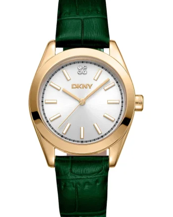 Ceas quartz cu o curea din piele cu aspect de piele de crocodil, Verde/Auriu