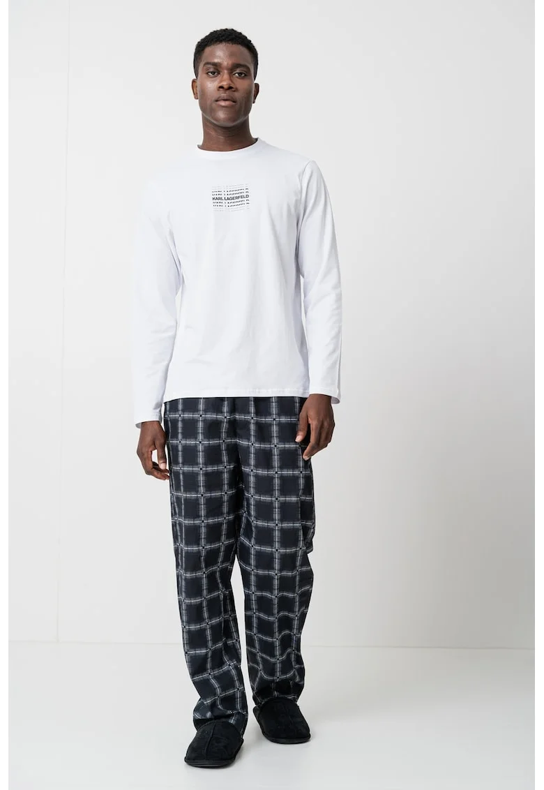Pijama de bumbac cu pantaloni lungi, Negru/Alb optic