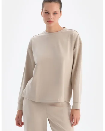 Bluza de trening din amestec de modal cu decolteu la baza gatului, Bej