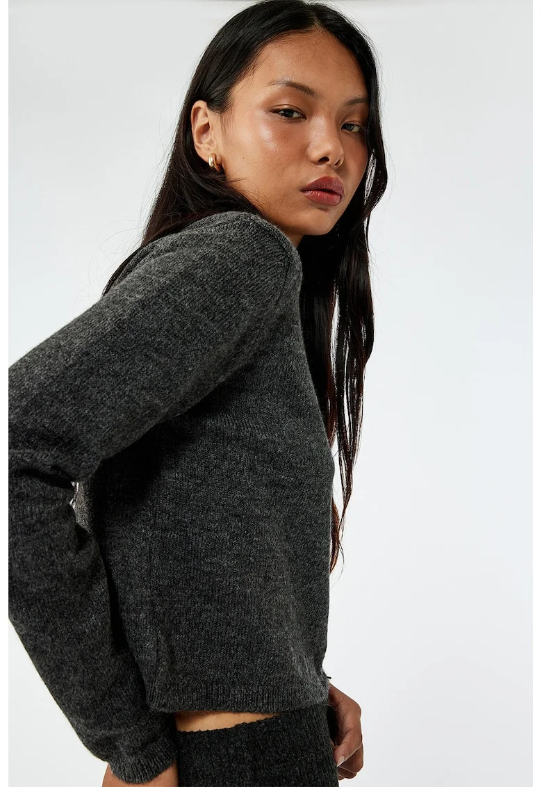 Cardigan crop cu nasturi, Gri inchis melange