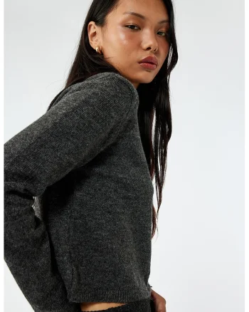 Cardigan crop cu nasturi, Gri inchis melange