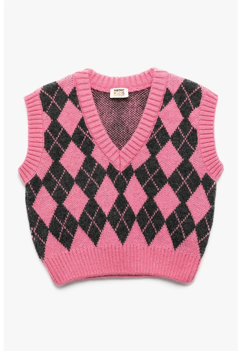 Vesta din tricot cu decolteu in V, Negru/Roz