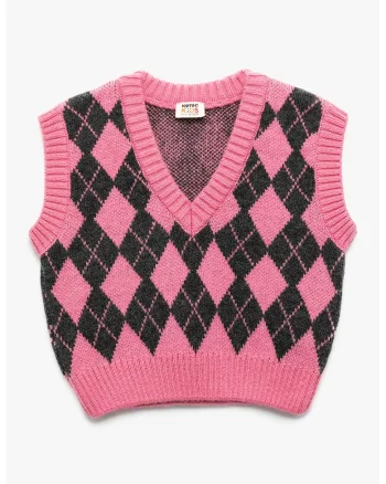 Vesta din tricot cu decolteu in V, Negru/Roz