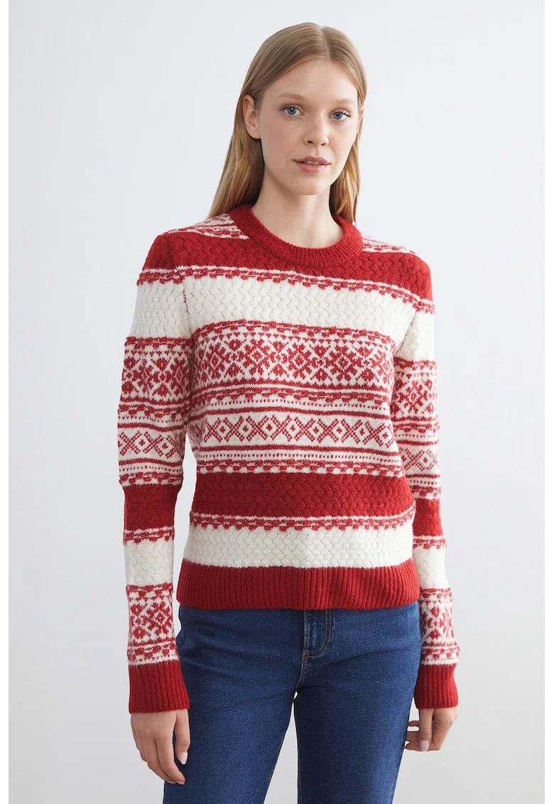 Pulover slim fit cu tematica de Craciun, Rosu inchis/Alb murdar