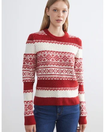 Pulover slim fit cu tematica de Craciun, Rosu inchis/Alb murdar