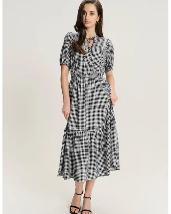 Rochie cu croiala in A si maneci bufante, Alb/Negru