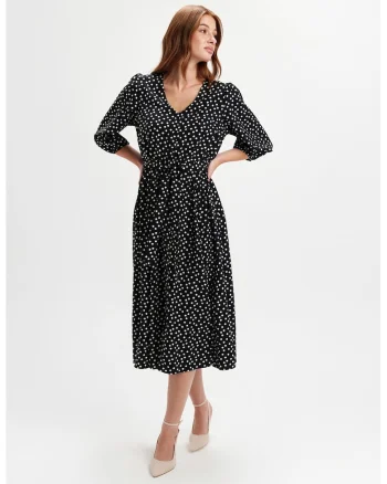 Rochie midi cu maneci bufante, Negru/Alb optic