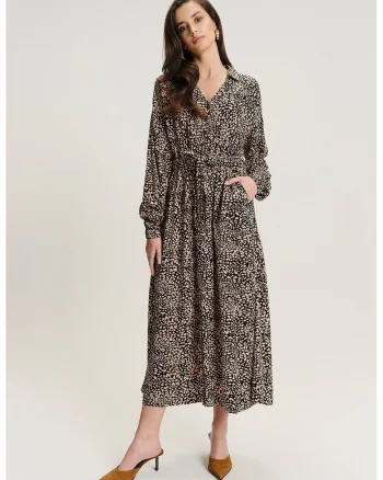 Rochie-camasa din amestec de modal si model, Negru/Bej